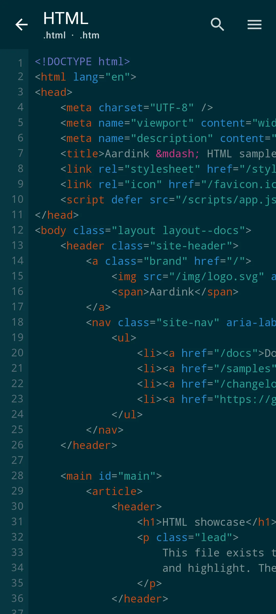 Aardink editor showing HTML in the Solarized Dark theme