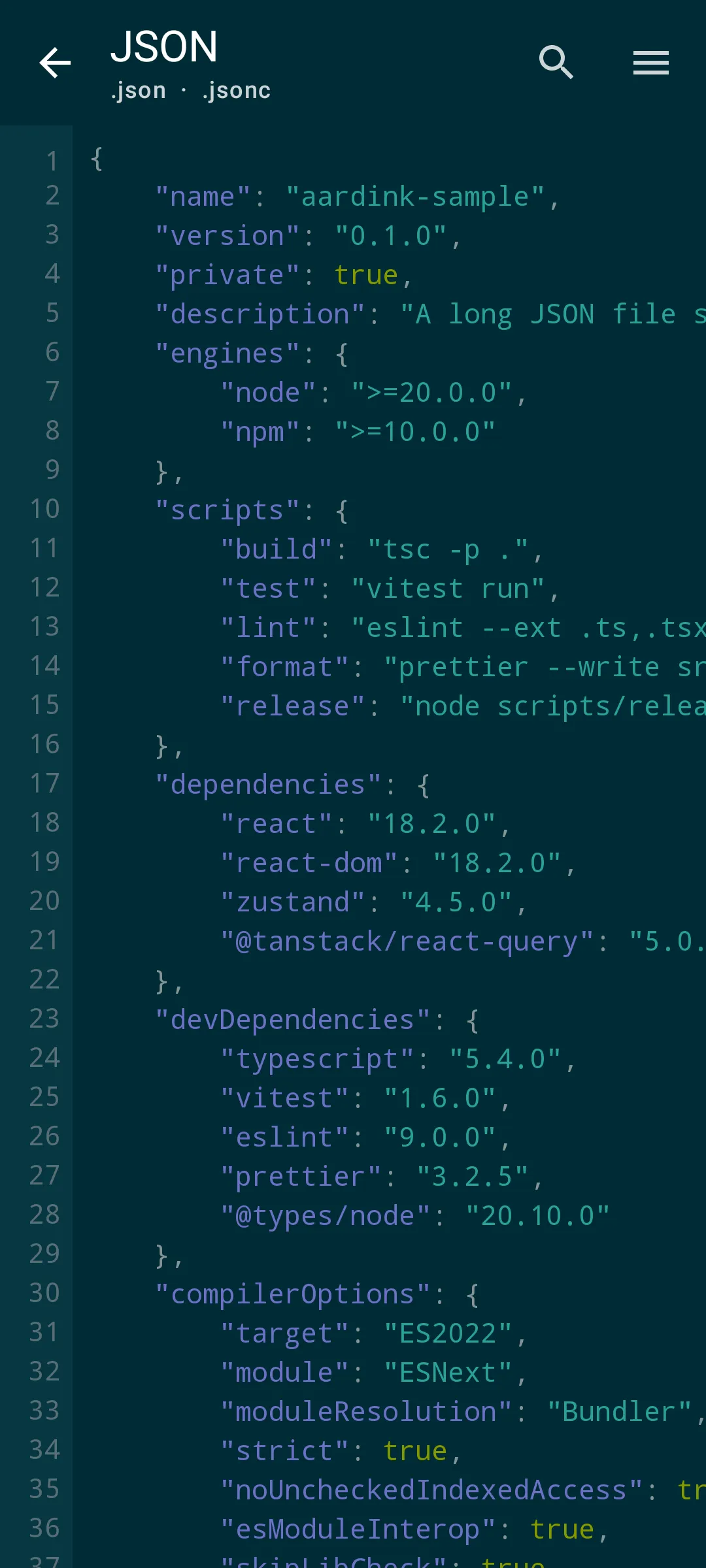 Aardink editor showing JSON in the Solarized Dark theme