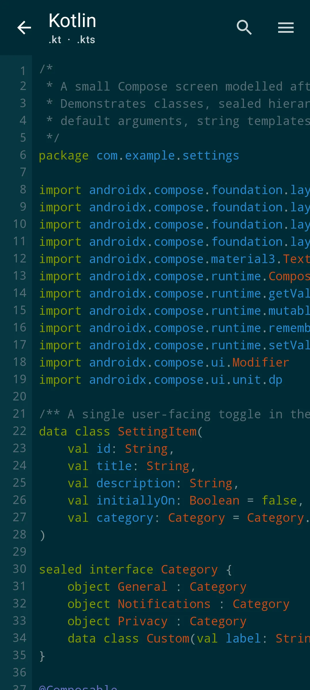 Aardink editor showing Kotlin in the Solarized Dark theme