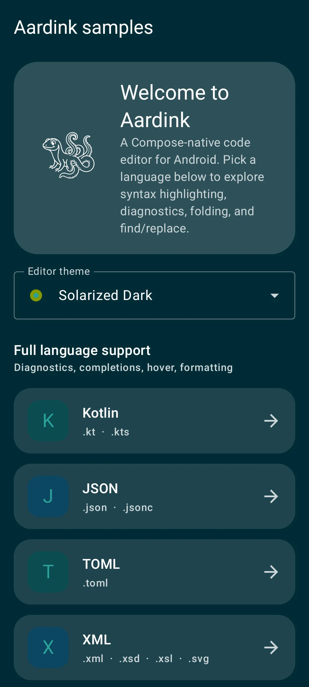 Aardink editor showing Start screen in the Solarized Dark theme