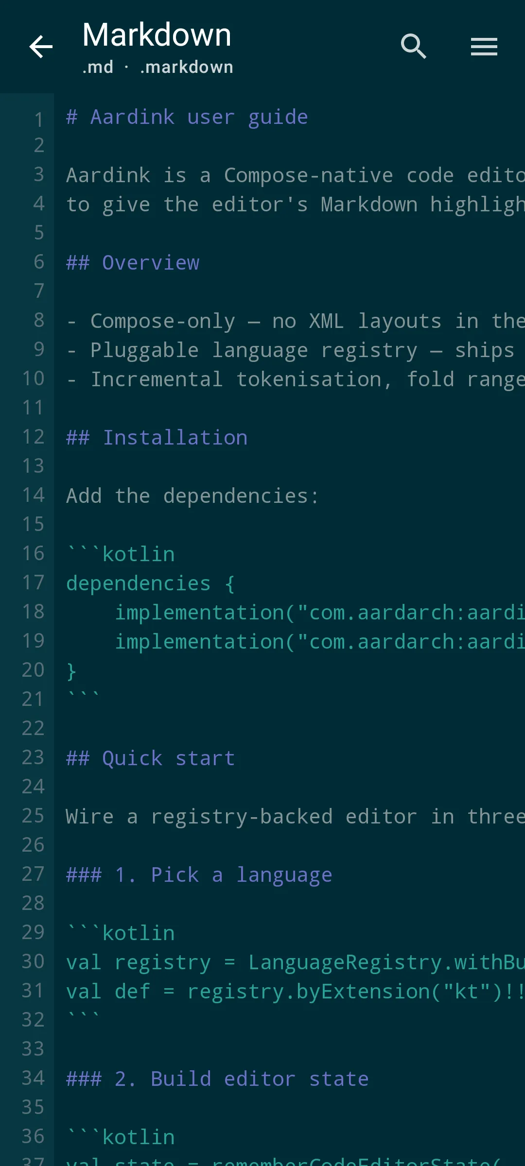 Aardink editor showing Markdown in the Solarized Dark theme
