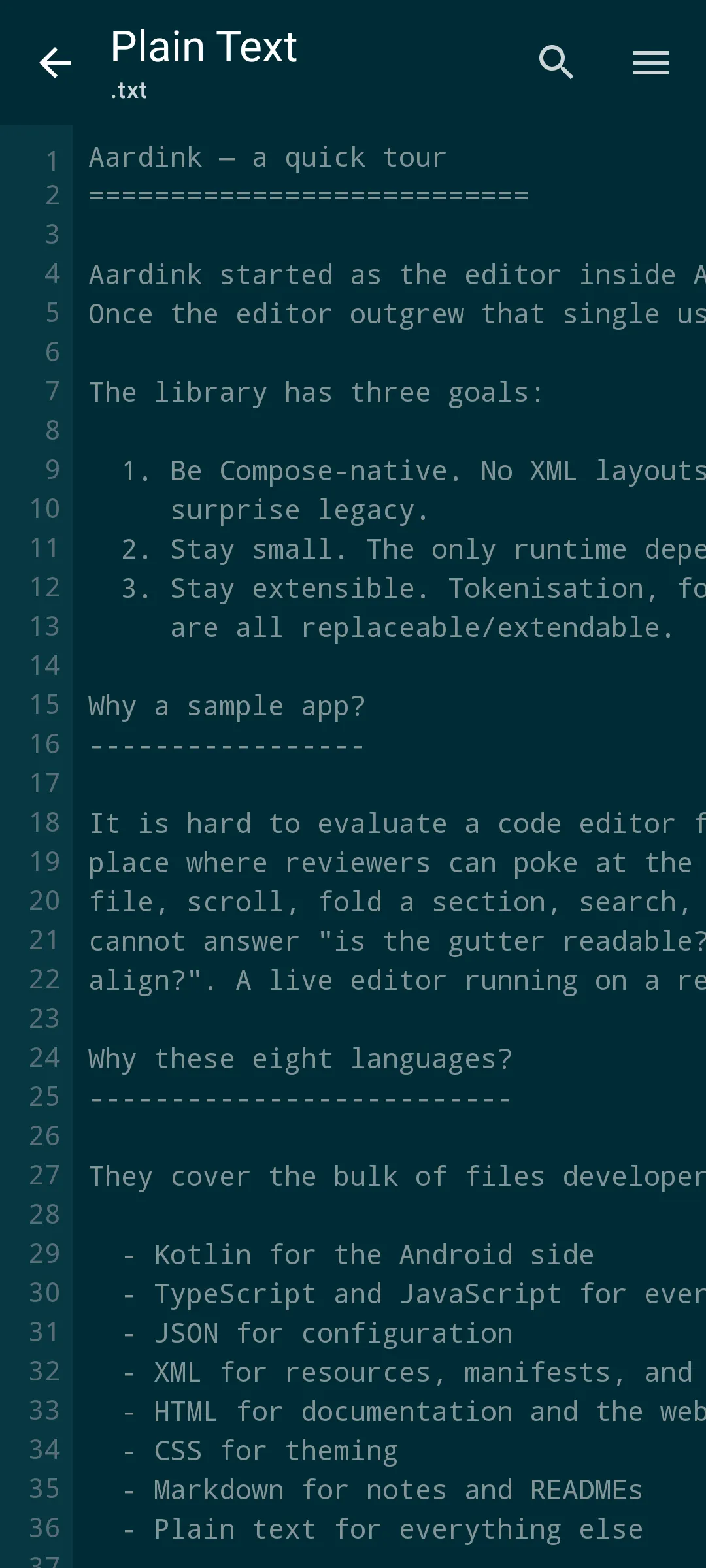 Aardink editor showing Plain text in the Solarized Dark theme