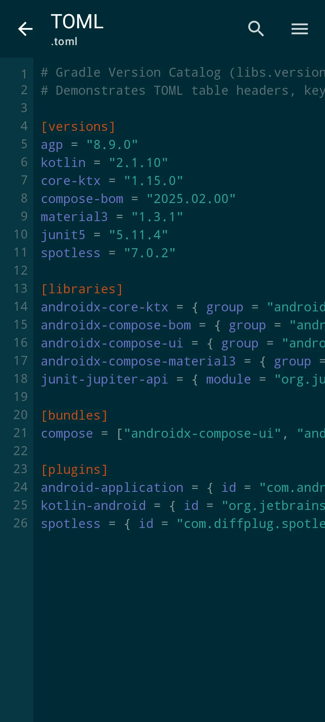 Aardink editor showing TOML in the Solarized Dark theme