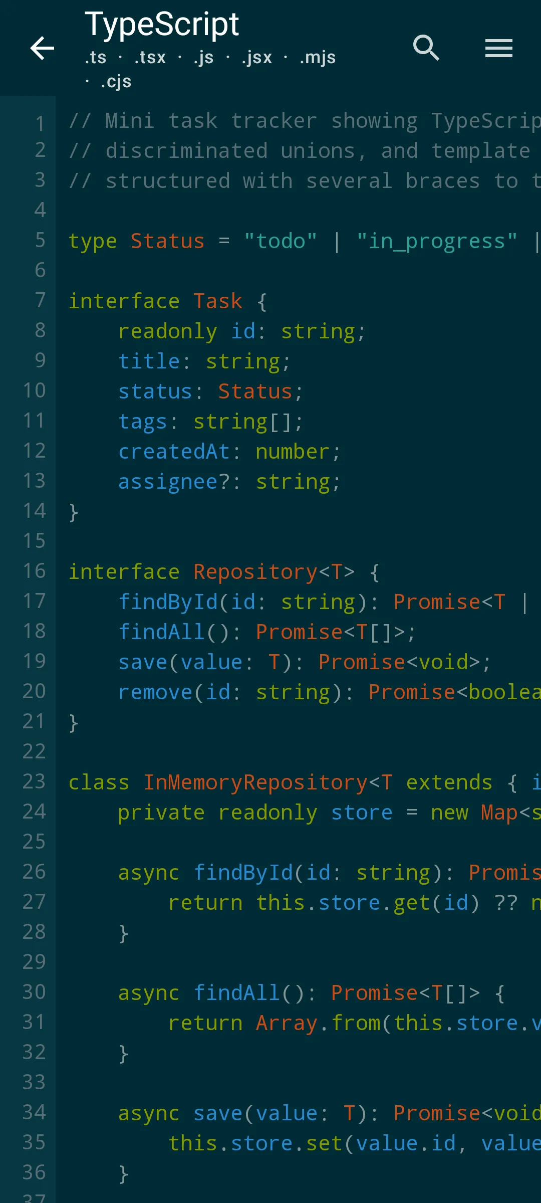 Aardink editor showing TypeScript in the Solarized Dark theme