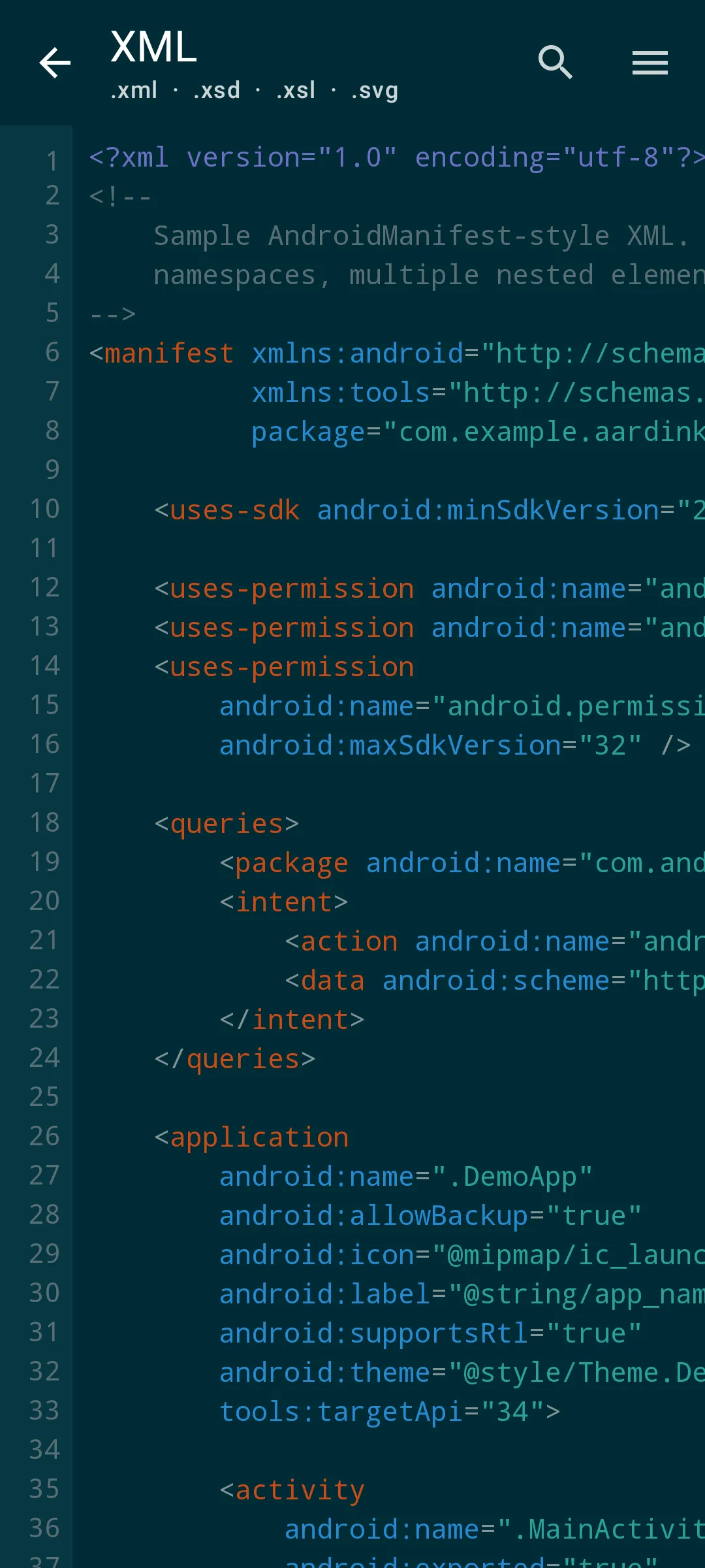Aardink editor showing XML in the Solarized Dark theme