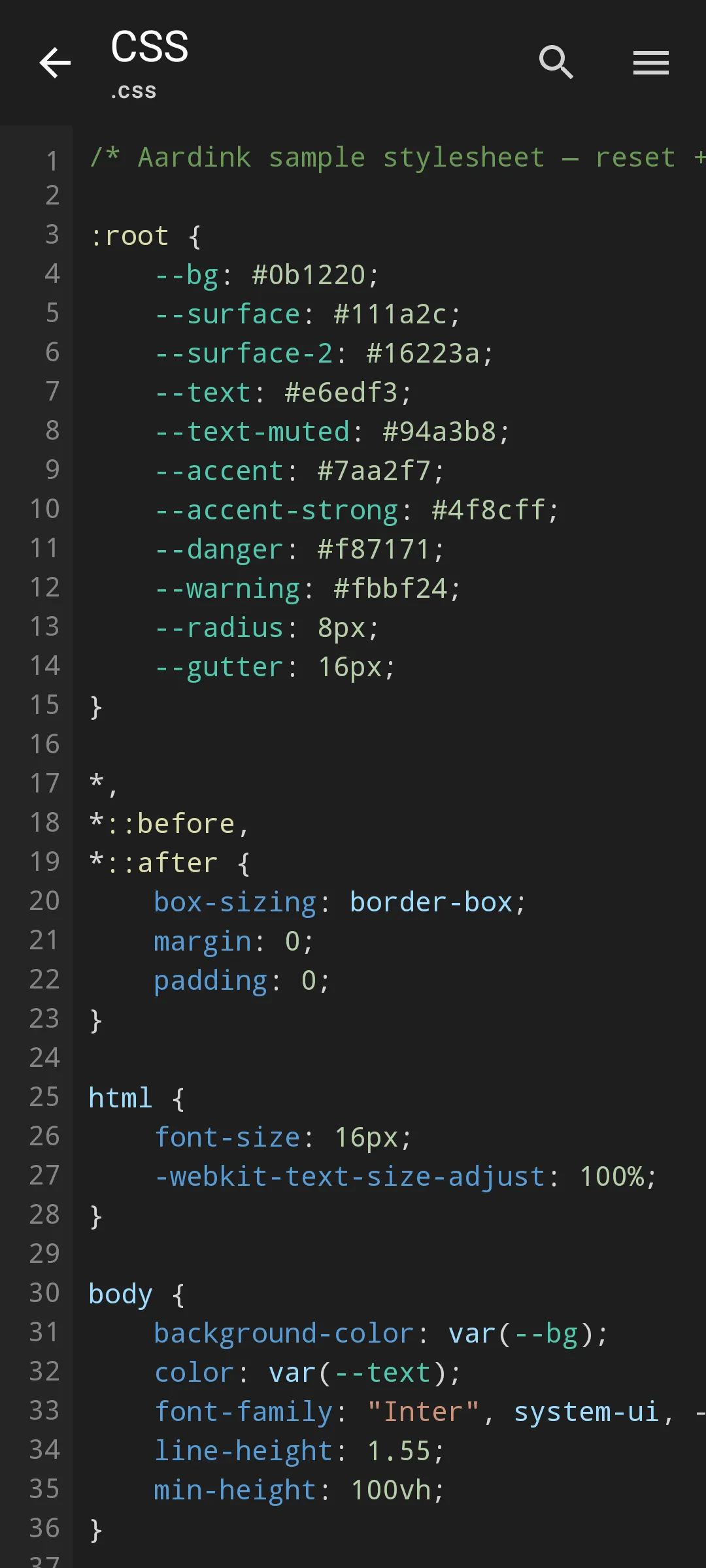 Aardink editor showing CSS in the VS Code Dark theme
