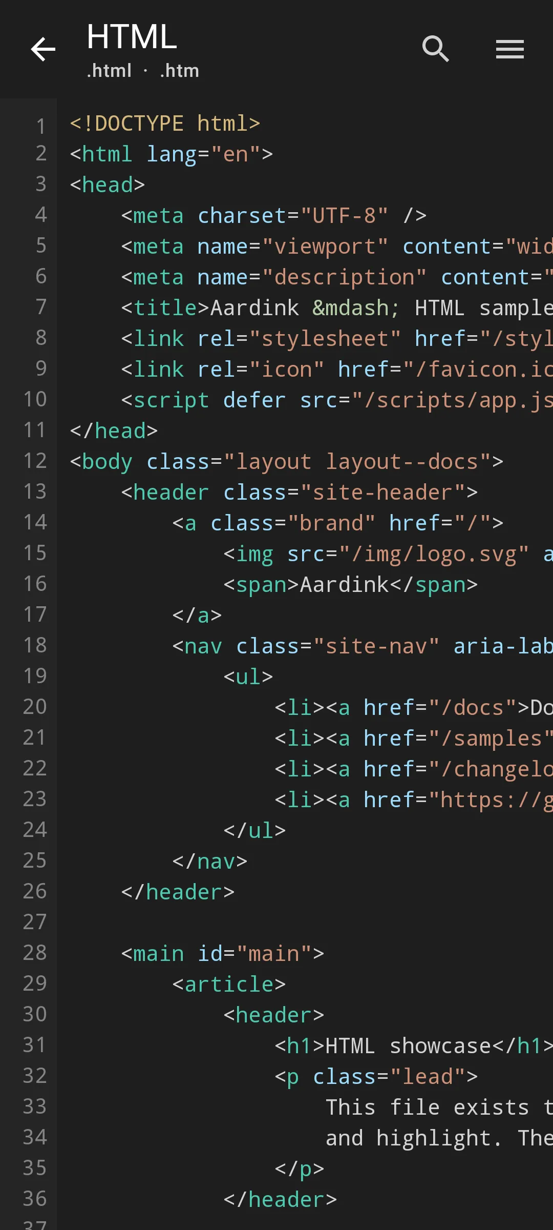 Aardink editor showing HTML in the VS Code Dark theme