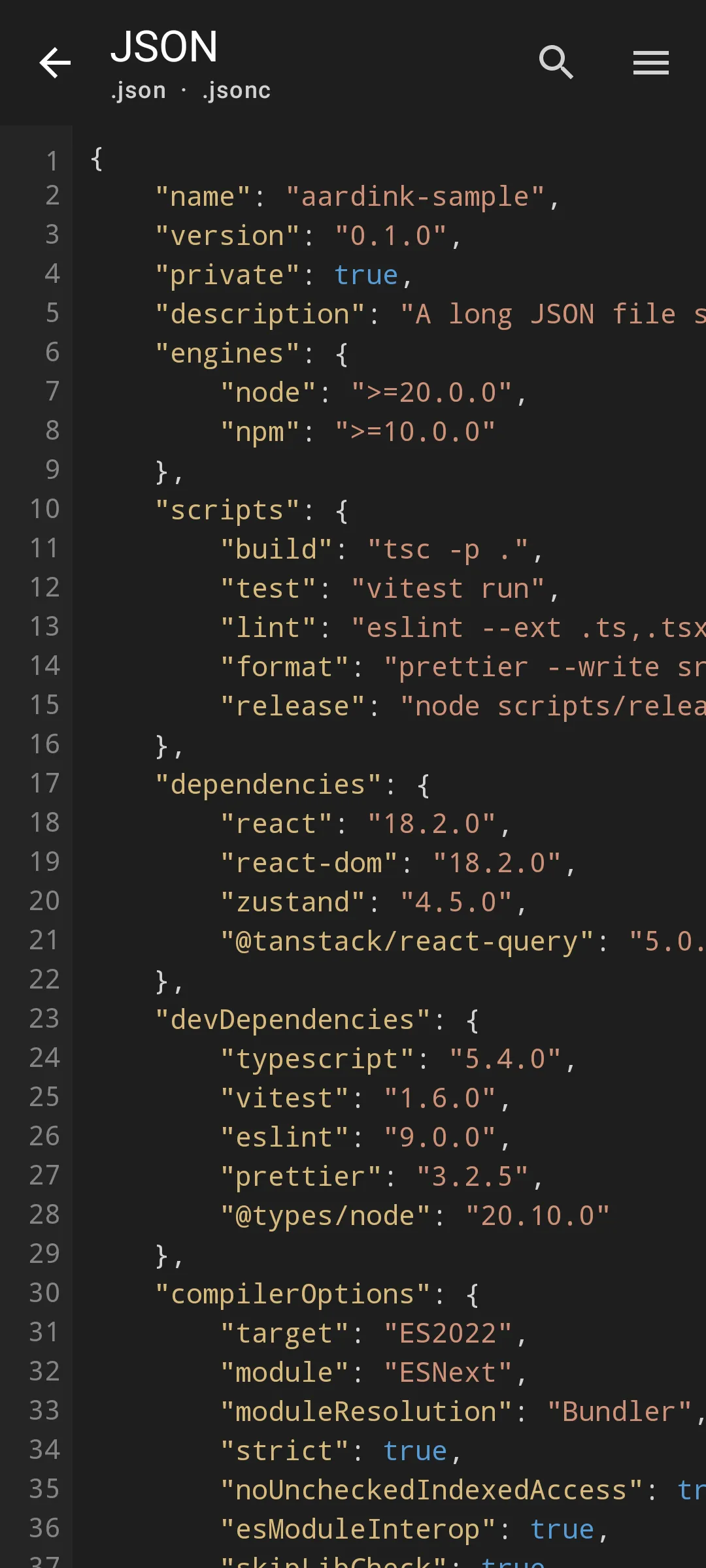 Aardink editor showing JSON in the VS Code Dark theme