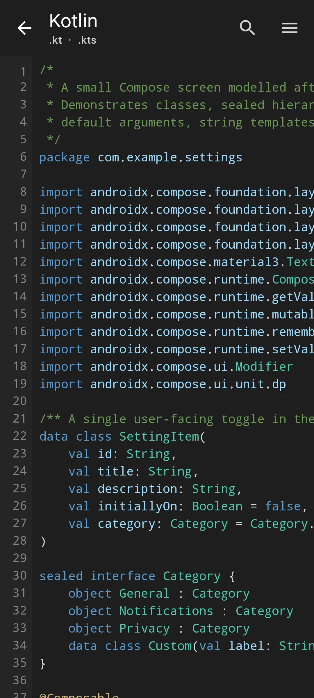 Aardink editor showing Kotlin in the VS Code Dark theme