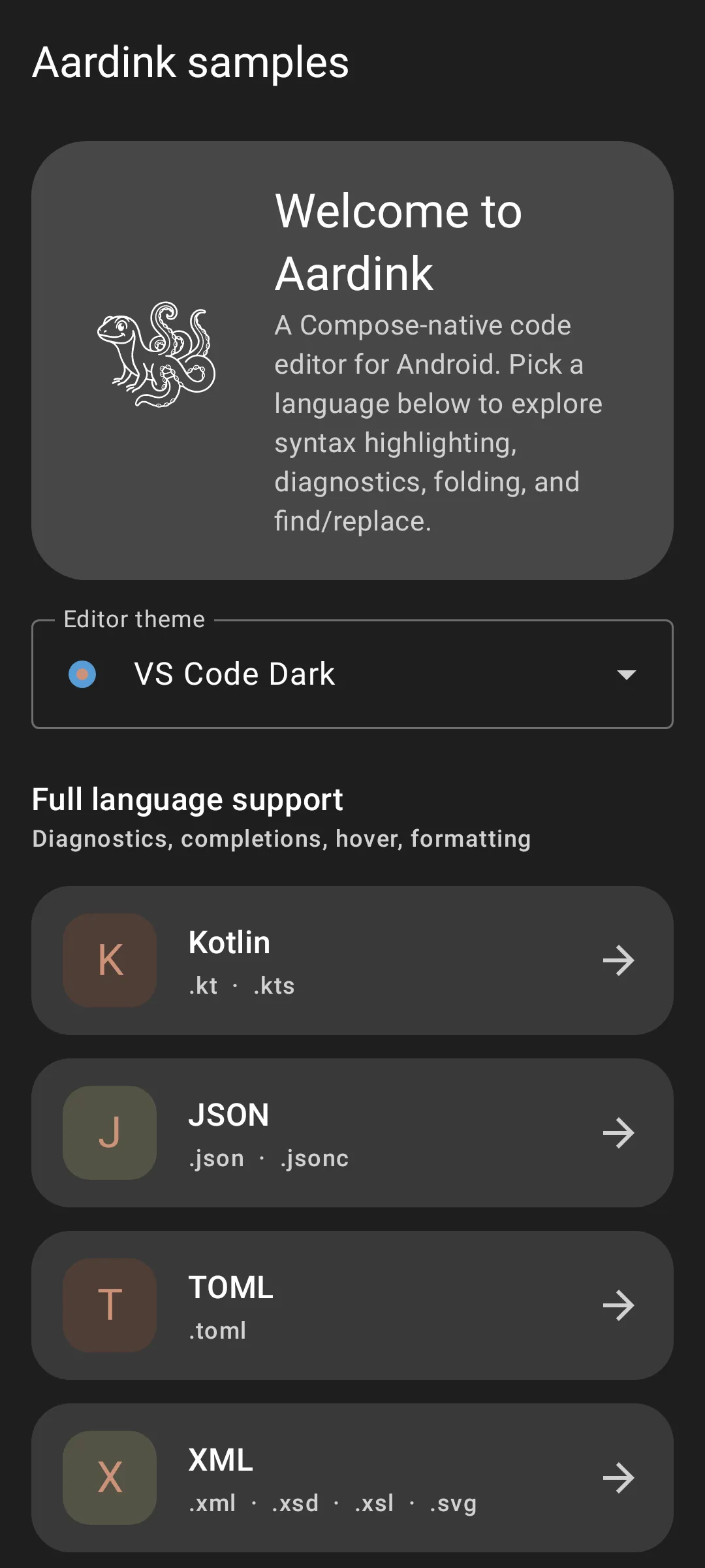 Aardink editor showing Start screen in the VS Code Dark theme