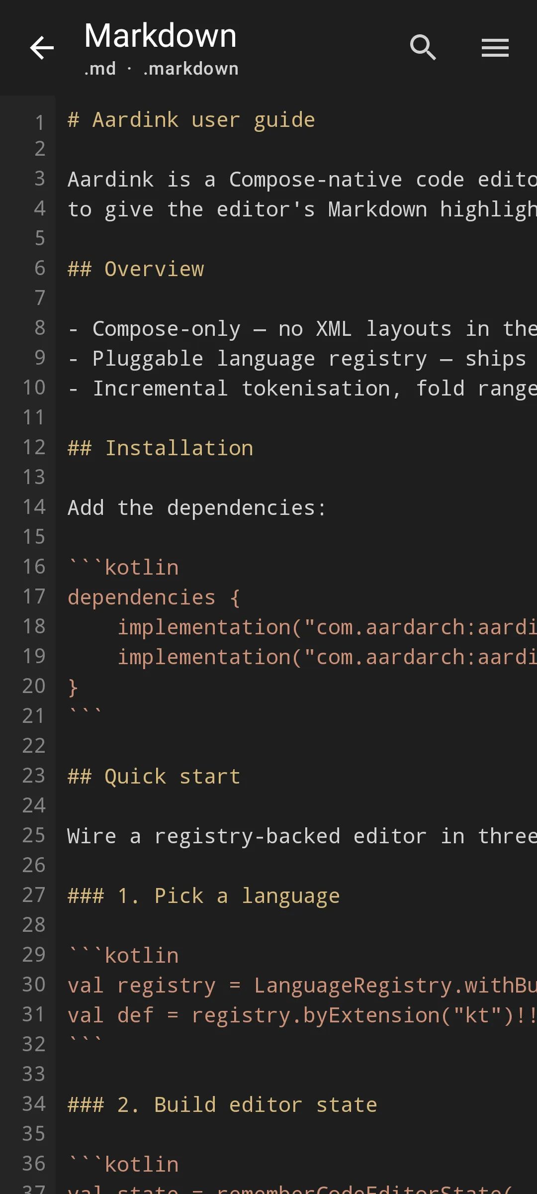 Aardink editor showing Markdown in the VS Code Dark theme