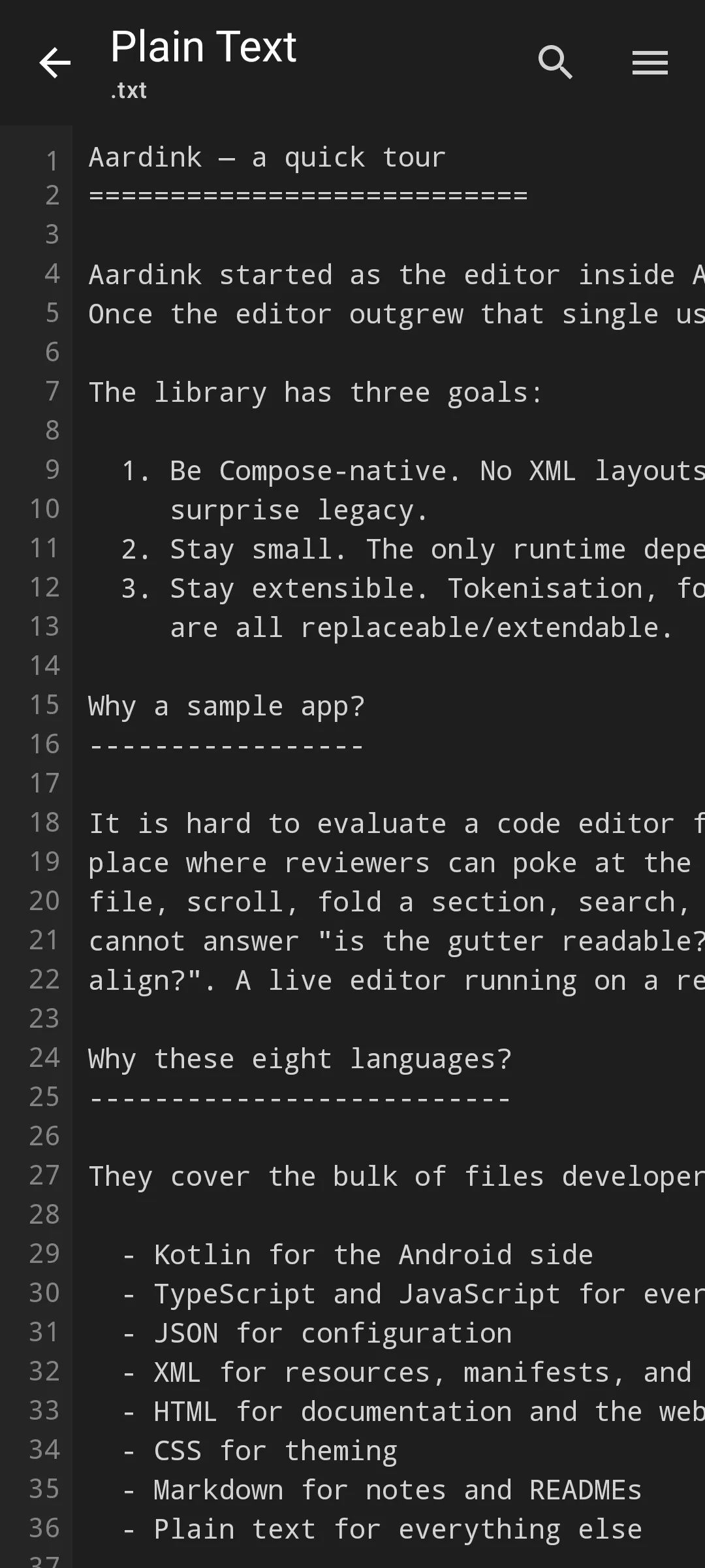 Aardink editor showing Plain text in the VS Code Dark theme