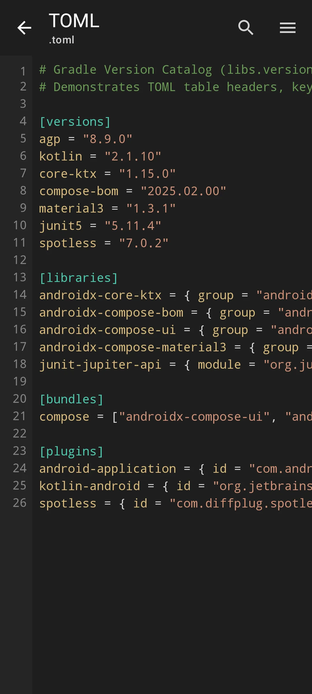 Aardink editor showing TOML in the VS Code Dark theme