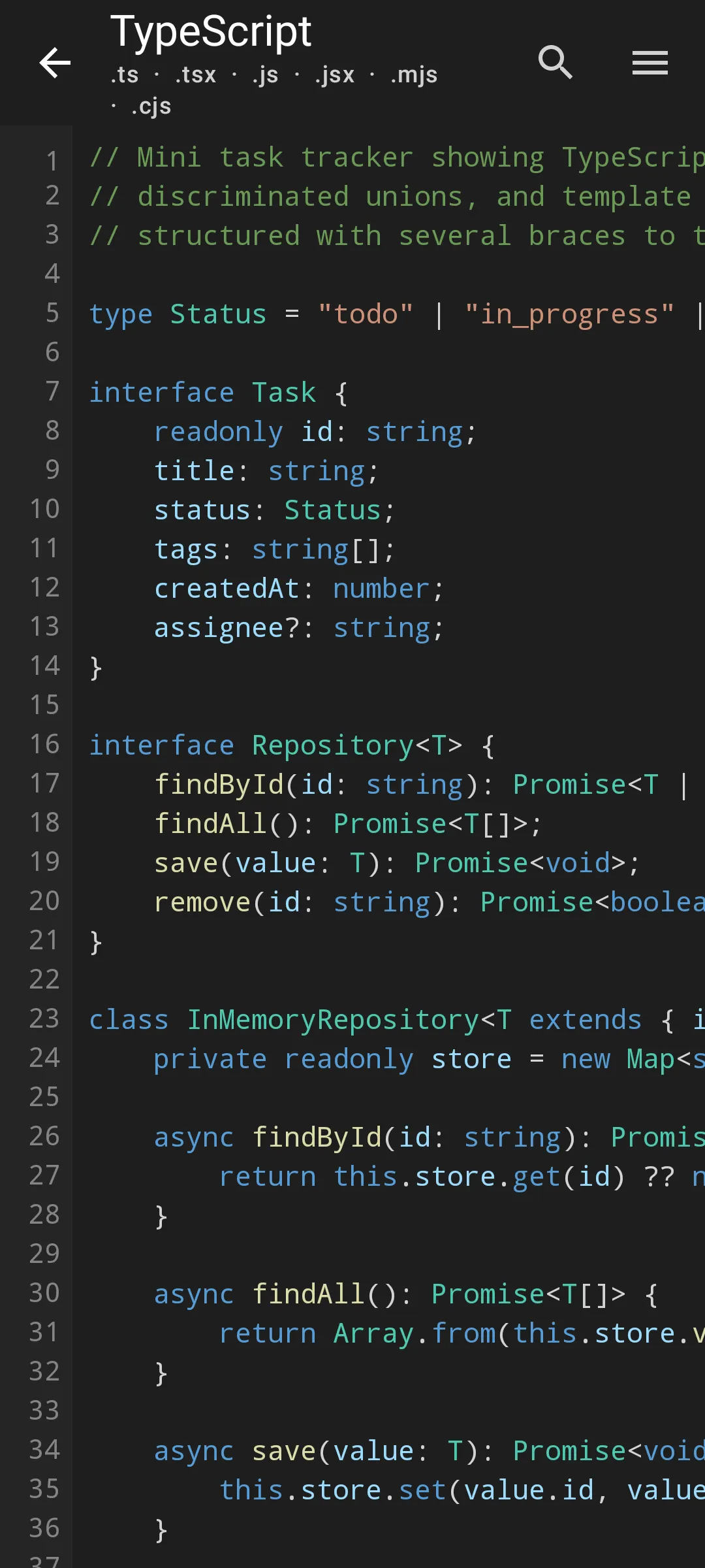 Aardink editor showing TypeScript in the VS Code Dark theme