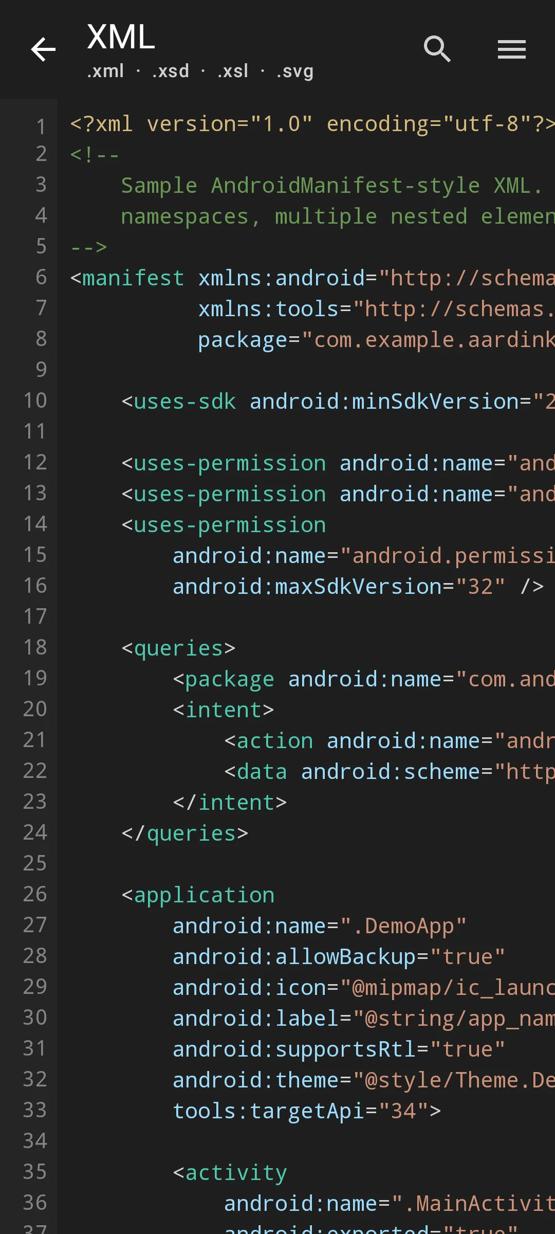 Aardink editor showing XML in the VS Code Dark theme