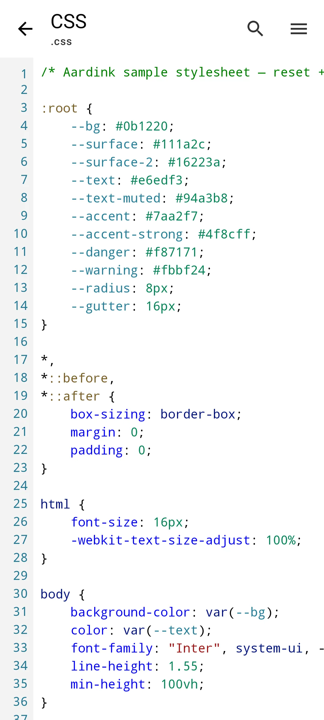 Aardink editor showing CSS in the VS Code Light theme