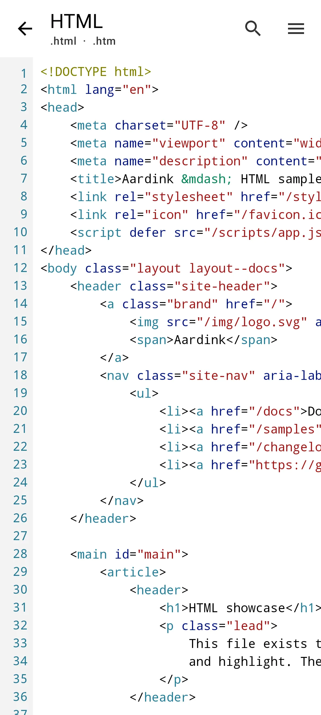 Aardink editor showing HTML in the VS Code Light theme