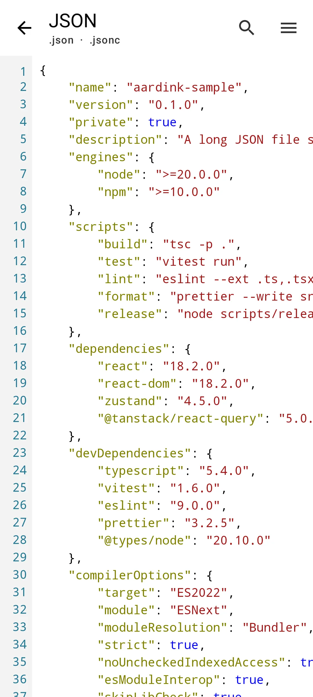 Aardink editor showing JSON in the VS Code Light theme