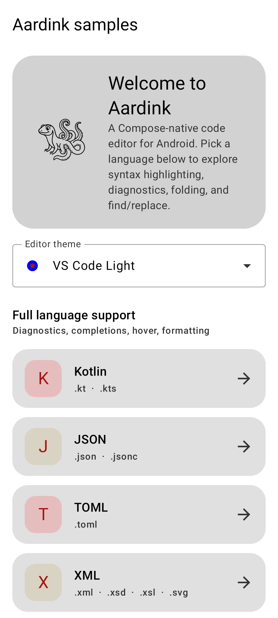 Aardink editor showing Start screen in the VS Code Light theme