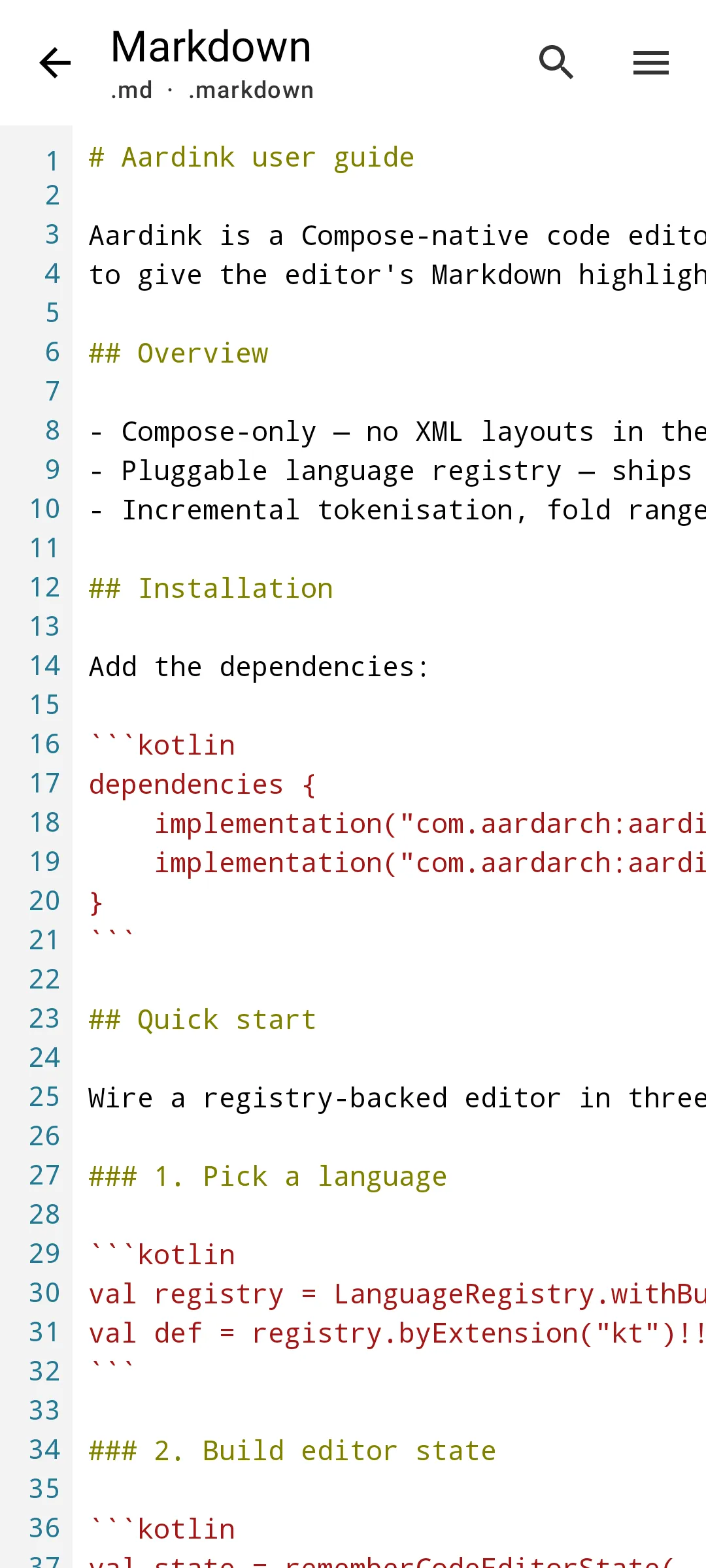 Aardink editor showing Markdown in the VS Code Light theme