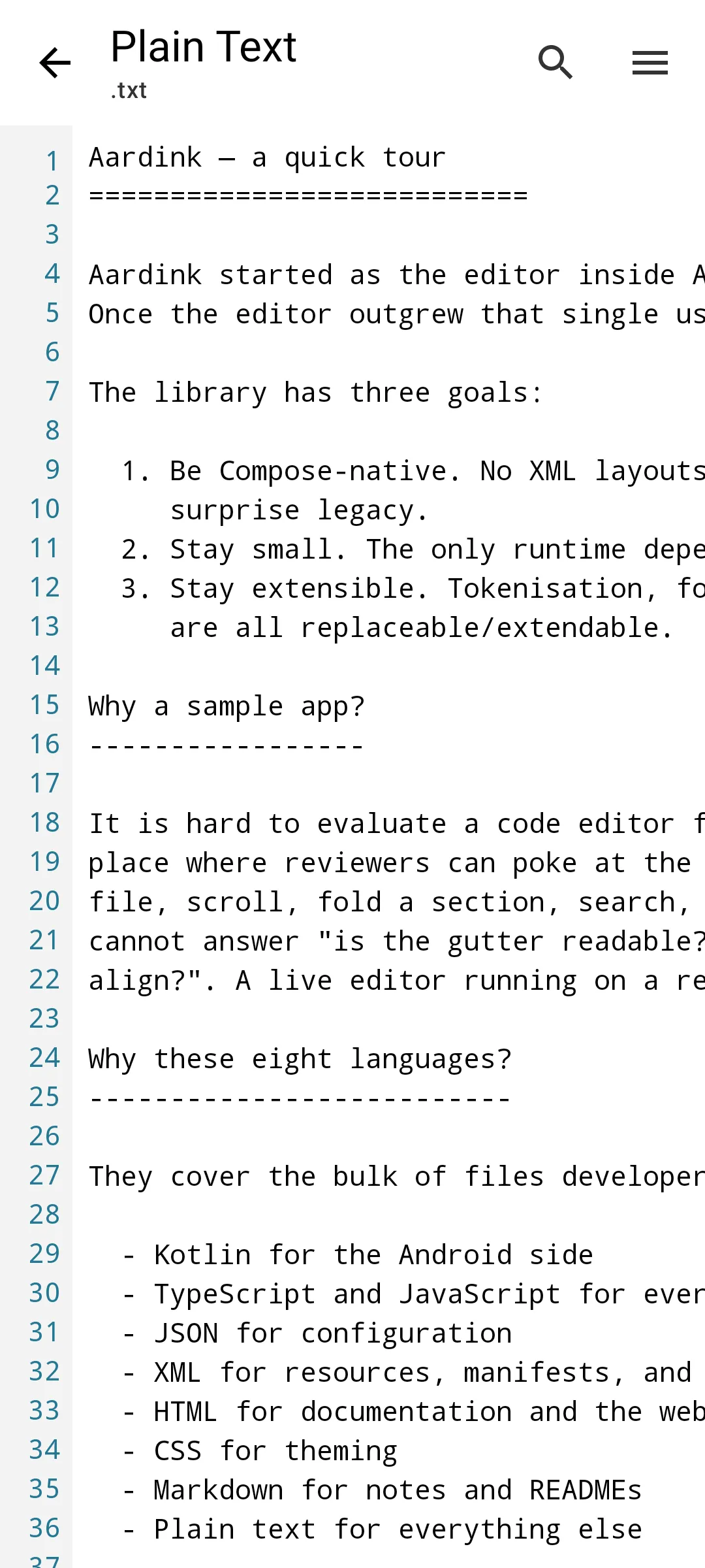 Aardink editor showing Plain text in the VS Code Light theme