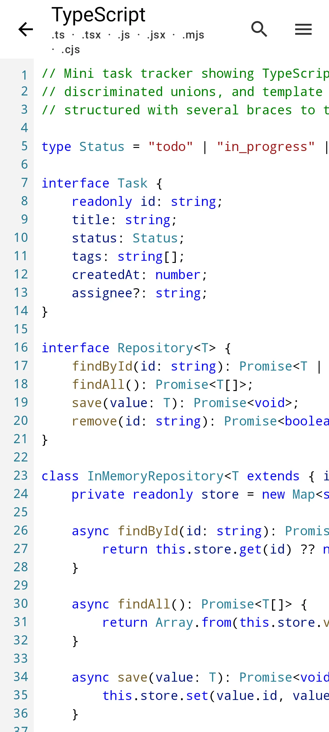 Aardink editor showing TypeScript in the VS Code Light theme
