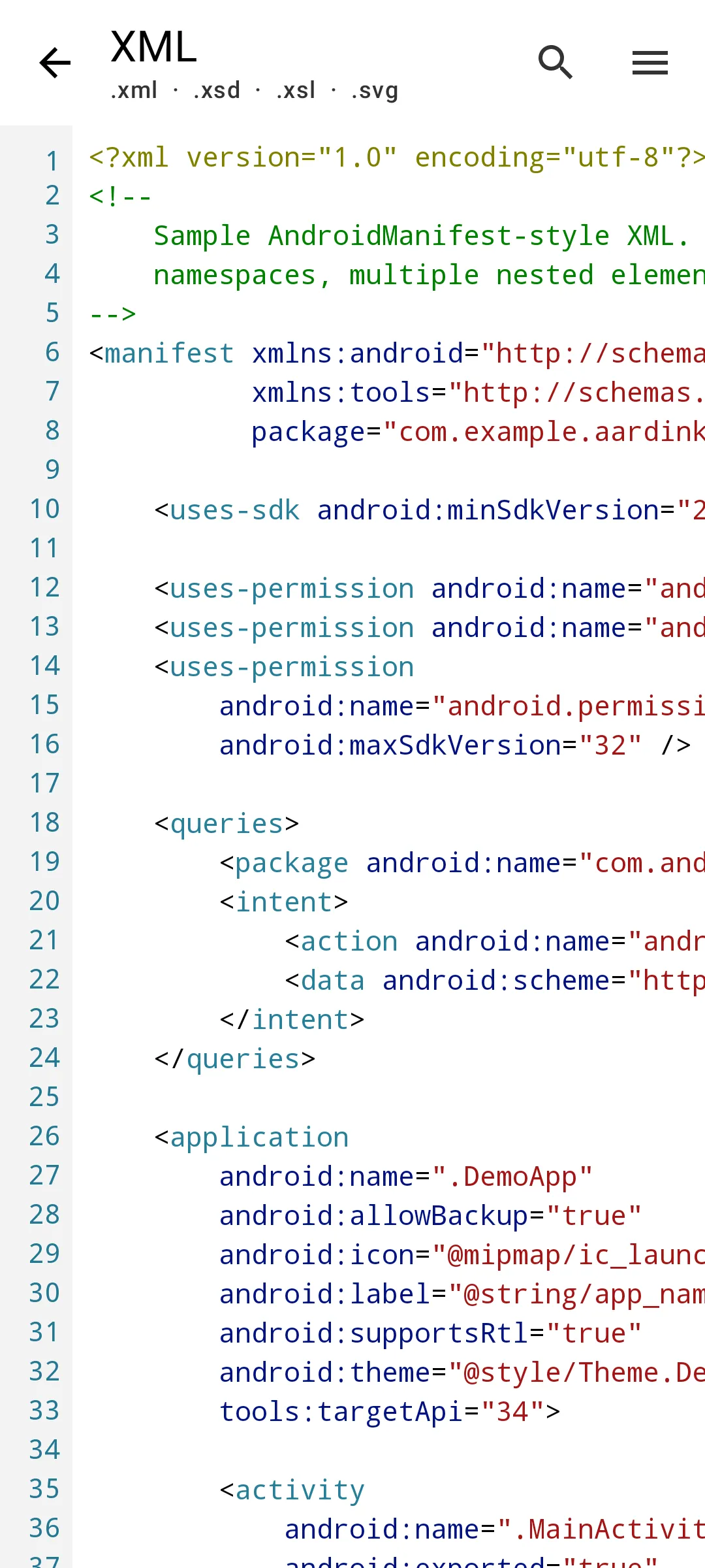 Aardink editor showing XML in the VS Code Light theme